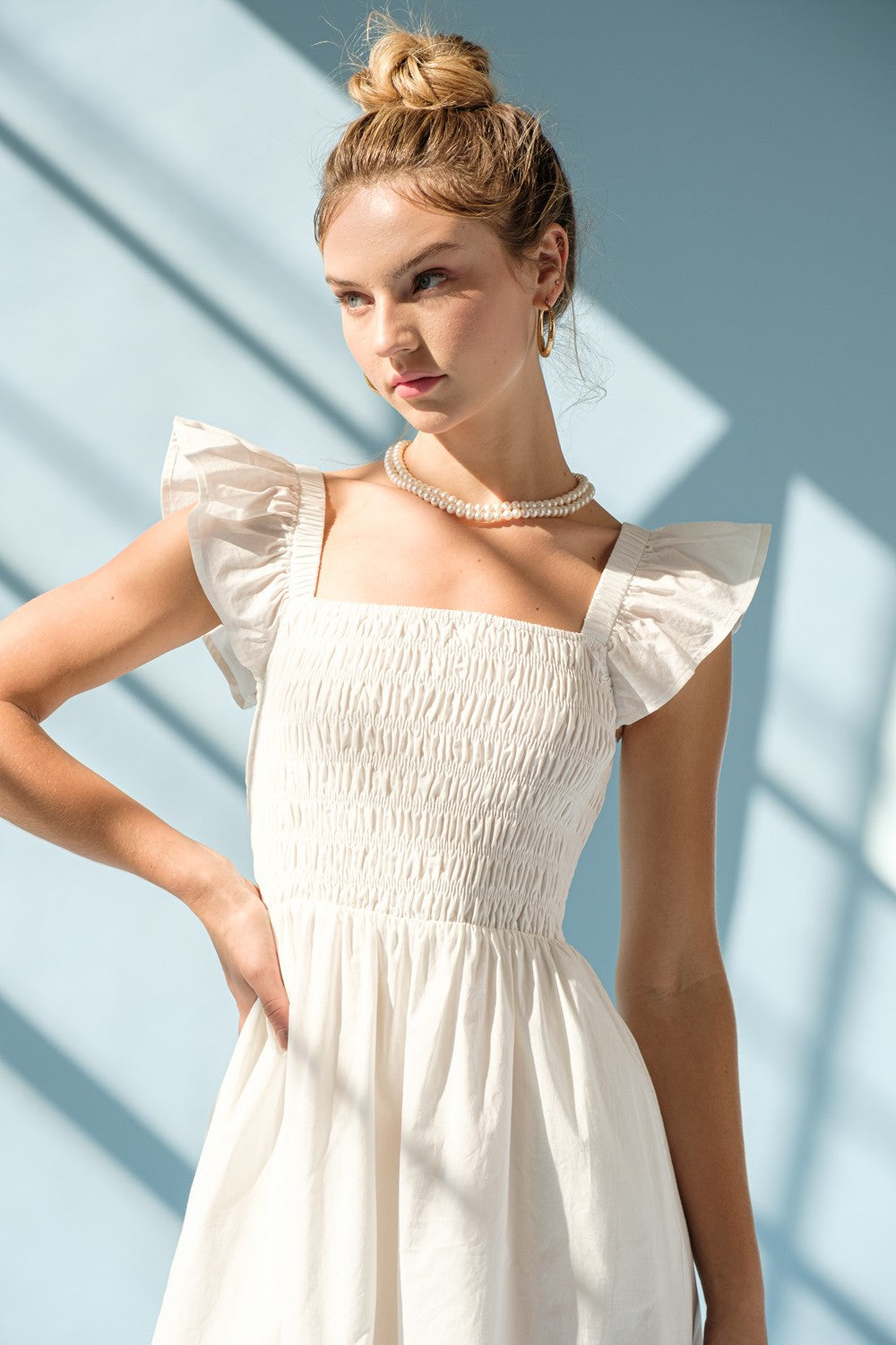 Olivia Ruffle Smocked Torso Poplin Midi Dress WHITE