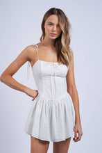 Load image into Gallery viewer, WHITE EYELET TIE STRAP FIT &amp; FLARE MINI DRESS
