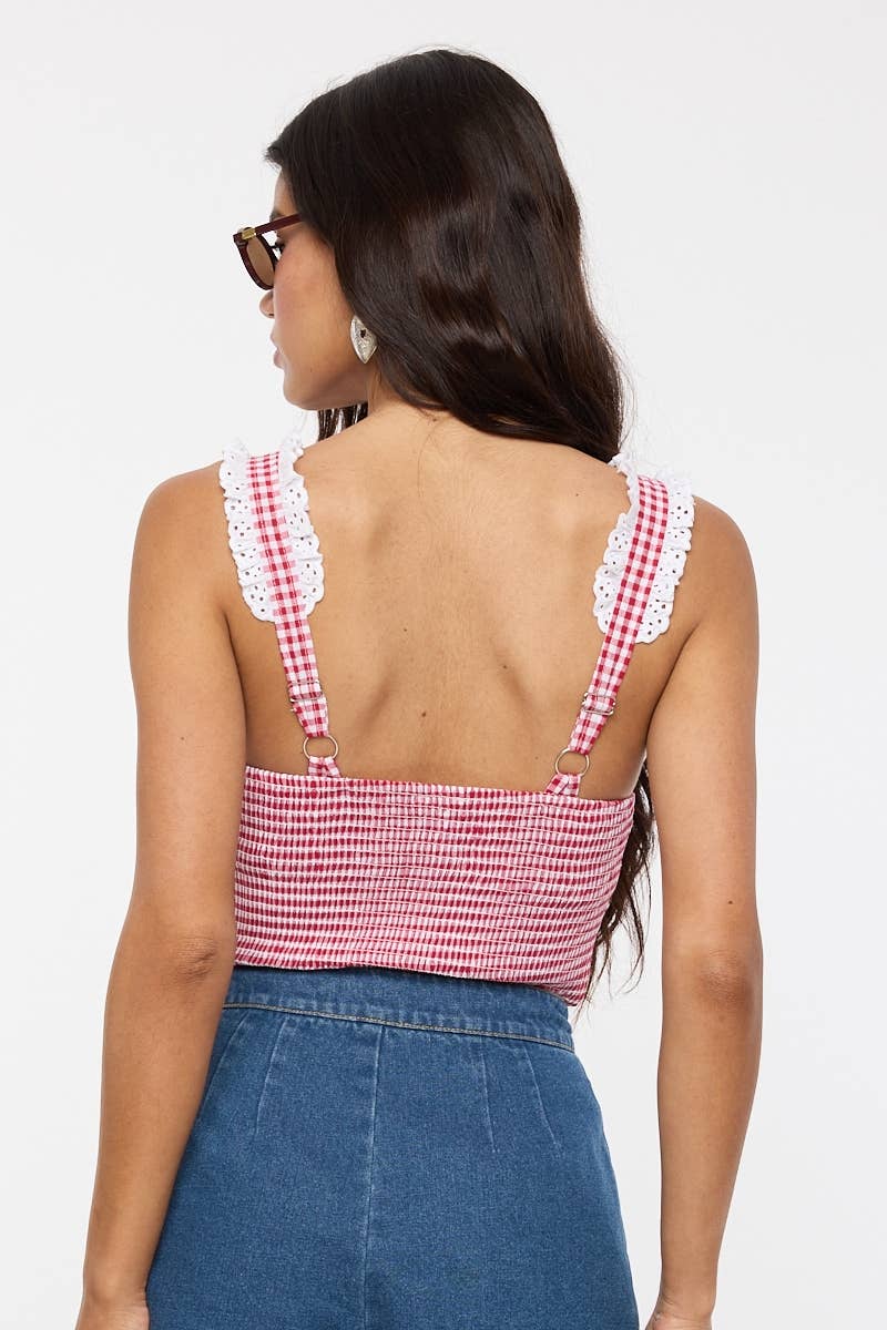 VIVID GINGHAM EYELET LACE TRIM CASUAL BODYSUIT