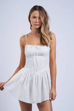 Load image into Gallery viewer, WHITE EYELET TIE STRAP FIT &amp; FLARE MINI DRESS
