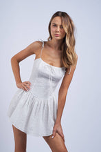 Load image into Gallery viewer, WHITE EYELET TIE STRAP FIT &amp; FLARE MINI DRESS
