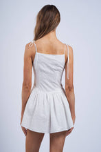 Load image into Gallery viewer, WHITE EYELET TIE STRAP FIT &amp; FLARE MINI DRESS
