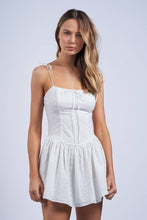Load image into Gallery viewer, WHITE EYELET TIE STRAP FIT &amp; FLARE MINI DRESS
